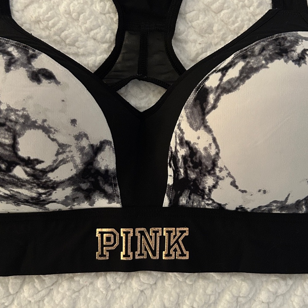 PINK Victoria's Secret Black & White Marble Racerback Sports Bra - Picture 2 of 5